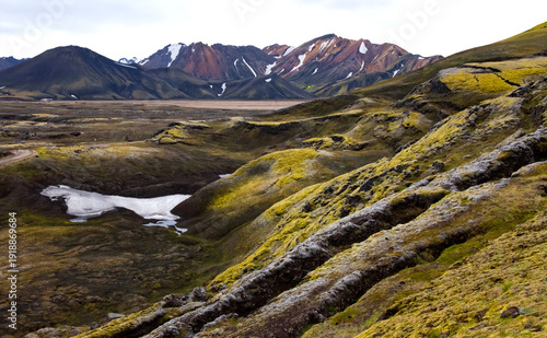 Photography Panorama of the pristine and wild landscape of Landmannalaugar, a nature reserve near the Hekla volcano in southwestern Iceland with particularly colorful mountains and hot springs