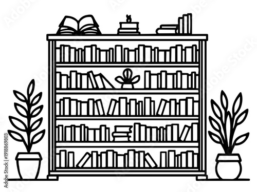 Ein stilisiertes Bücherregal mit Büchern und kleinen Dekoelementen wie einer Pflanze. Das Motiv vermittelt Gemütlichkeit und passt perfekt in Leseecken oder Homeoffice-Bereiche.KI Generiert