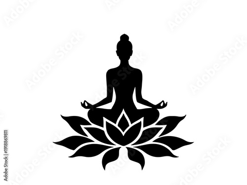 Eine meditierende Frau in ruhiger Sitzhaltung über einer stilisierten Lotusblüte. Das Motiv steht für Achtsamkeit und eignet sich ideal für Yoga- oder Entspannungsräume.KI Generiert