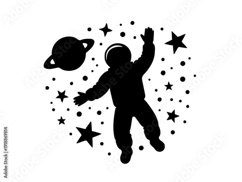 Ein schwebender Astronaut als moderne Silhouette mit Planeten- und Sternenelementen. Das Motiv wirkt minimalistisch und eignet sich perfekt für Kinderzimmeroder Weltraum-Fans.KI Generiert