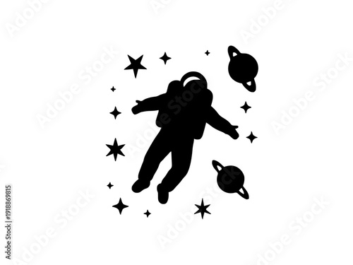 Ein schwebender Astronaut als moderne Silhouette mit Planeten- und Sternenelementen. Das Motiv wirkt minimalistisch und eignet sich perfekt für Kinderzimmeroder Weltraum-Fans.KI Generiert