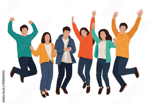 Diverse group of happy young people jumping and celebrating success and friendship