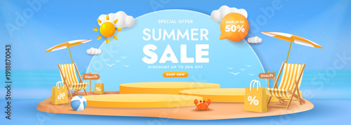 Summer Sale Promotion Banner with 3D Podiums and Beach Elements