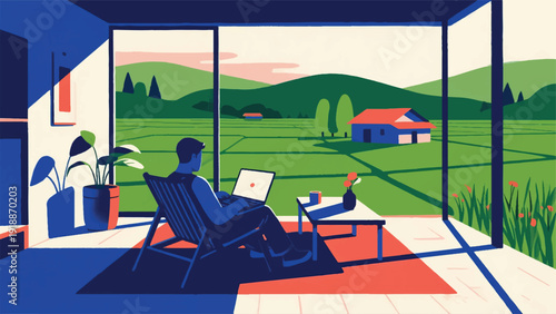 Illustration Of A Professional Working From A Modern Country House, Sitting On The Terrace With A Laptop, Green Rice Fields In The Background With Distant Hills Vector Design Template