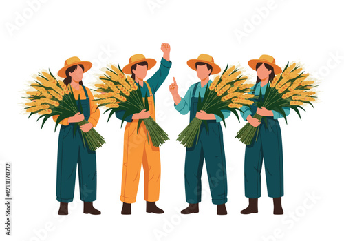 Farmers with wheat bundles, representing harvest and agricultural work.