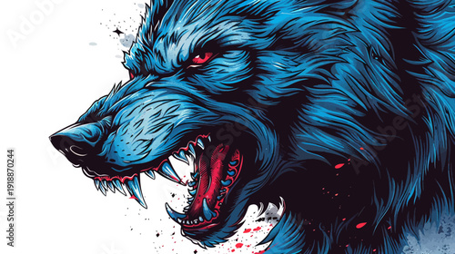 Intense blue wolf illustration with open jaws and sharp teeth on white backdrop