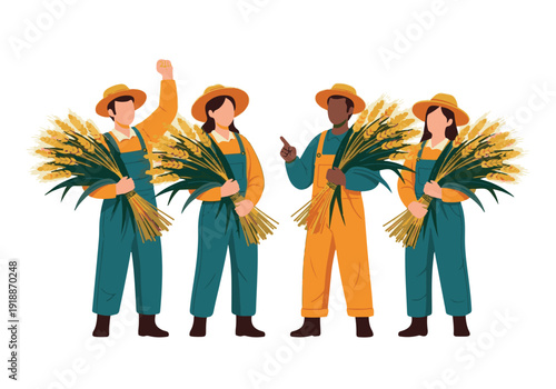 Diverse group of farmers holding wheat bundles, celebrating harvest season