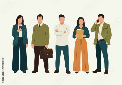 Flat design illustration of a diverse team of business professionals standing