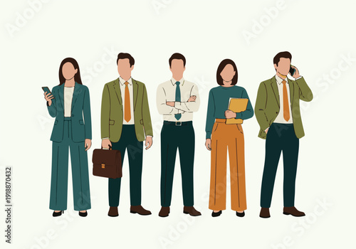 Diverse business professionals standing in a line, flat vector illustration