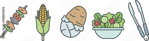 Barbecue food and utensil icon set with kebab, corn on the cob, potato, salad, and tongs, presented in both thin line art and solid black glyph styles ... 

