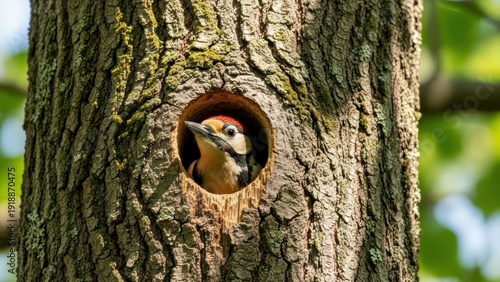 Woodpecker peeking from a tree cavity nesting site, showcasing wildlife in natural habitat, avian