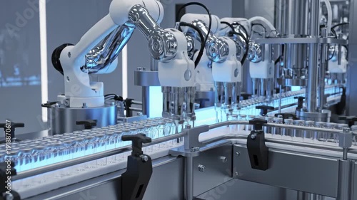 Seamless loop abstract wide shot of hundreds of empty glass vials gliding into a soft glowing blue filling zone operated by automated robotic arms on a cleanroom conveyor glowing, loop, biotech