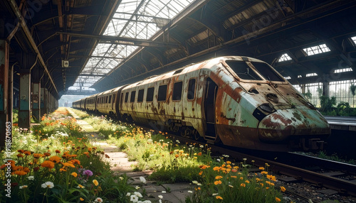 Abandoned train sits idle on tracks in old station surrounded by overgrown weeds and wildflowers.