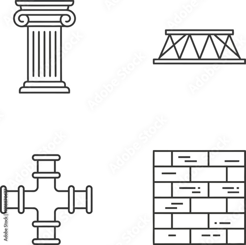 Construction and building icon set collection showing formwork, column, roof truss, pipe, and brick wall in both line art and glyph styles for architectural or engineering design 
