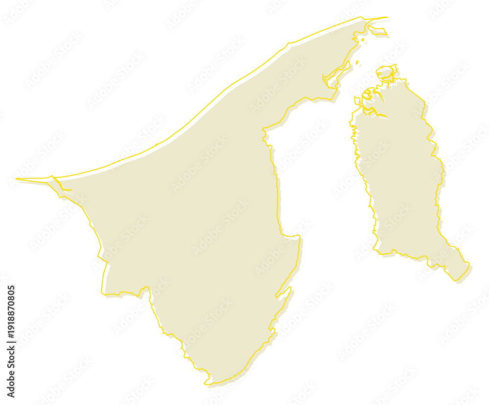Obraz premium Soft Yellow Simple with Outline Brunei Map with District Borders Asian Country