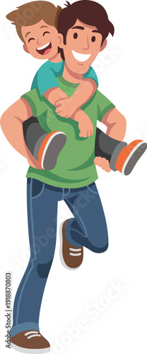 An enthusiastic dad playfully giving a piggyback ride to his laughing child, capturing the essence of familial love, fun, and the simple joys of childhood bonding.