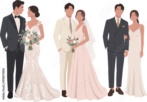 A stunning array of wedding couples showcased in elegant bridal attire, capturing the essence of love and romance. This illustration celebrates joyous moments beautifully.