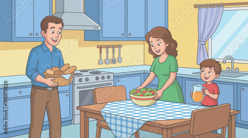 A joyful family gathers in the kitchen around a table filled with healthy food, showcasing togetherness and the importance of sharing meals in a warm home environment.