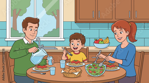 A family seated around the dining table enjoying a delightful meal of pasta and salad, highlighting the importance of family connections over food in a cheerful setting.
