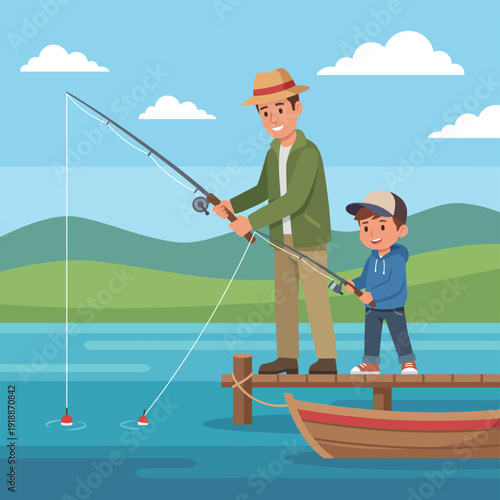 A father and son share a memorable fishing adventure by a serene lake, illustrating the beauty of nature and the nurturing bond between parent and child during leisure activities.
