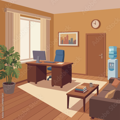 A tidy and modern office space with a desk, chair, and water cooler, illustrating an organized professional environment conducive to productivity and creativity in work life.