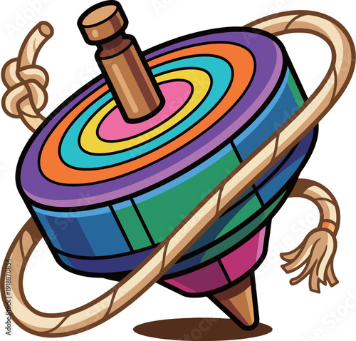 An animated spinning top toy with vibrant colors and playful design, representing childhood creativity and imagination, evoking a sense of nostalgia and fun in play.