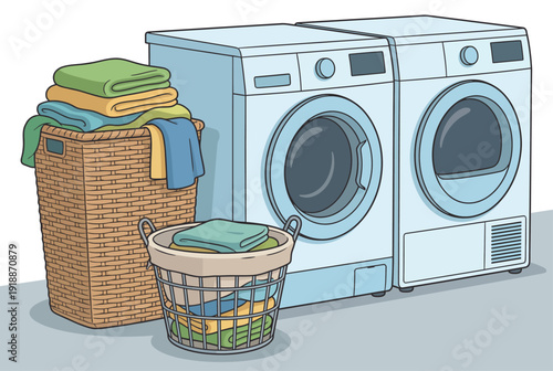 This clean and organized laundry room features modern machines and neatly folded towels, creating a calming atmosphere ideal for promoting laundry-related products or services.