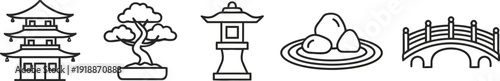 Collection of Asian garden and architecture icons in outline and silhouette styles, featuring a pagoda, bonsai tree, stone lantern, rock garden, and traditional arched bridge 
