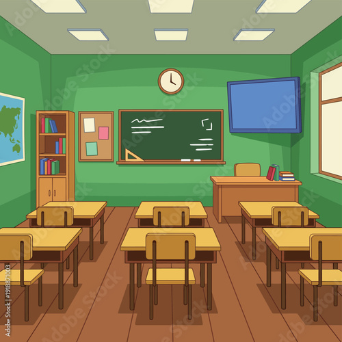 A lively classroom environment with student desks arranged, a chalkboard, and educational materials, promoting an engaging learning experience for all students.