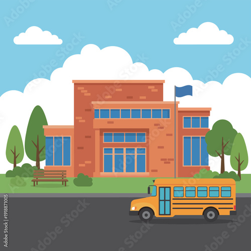 A contemporary school building set against a backdrop of trees and a park setting, emphasizing the importance of outdoor spaces in education and recreation.