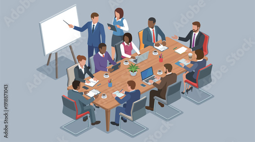 An engaged team is gathered around a long table in a conference room, discussing strategies and goals while utilizing various digital tools for effective collaboration.