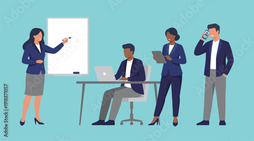 A dynamic business team is actively discussing and sharing ideas in an office setting, showcasing modern professionalism and teamwork through digital tools and collaboration.