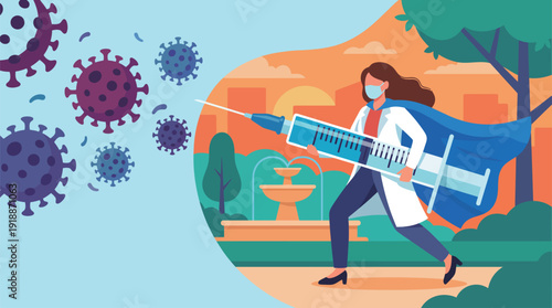 A healthcare worker is depicted heroically on a mission against a pandemic, symbolizing courage and dedication in battling health crises and providing care to communities.