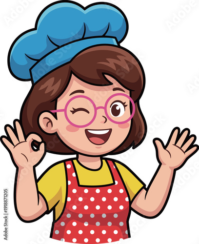 A cheerful girl dressed as a chef winks while making an okay sign, showcasing joy and skill in the kitchen, ideal for culinary themes and food-related content.