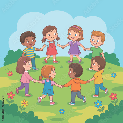A group of diverse children joyfully holding hands in a circle outdoors, representing friendship, unity, and happiness in a vibrant and playful setting.