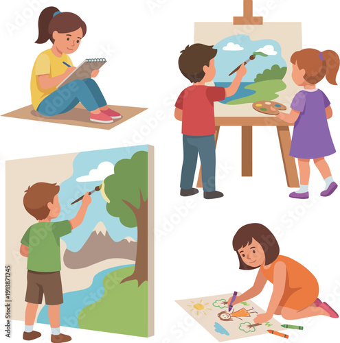 A vibrant scene depicting children expressing their creativity through painting and drawing, showcasing various art supplies and colorful landscapes on canvases.