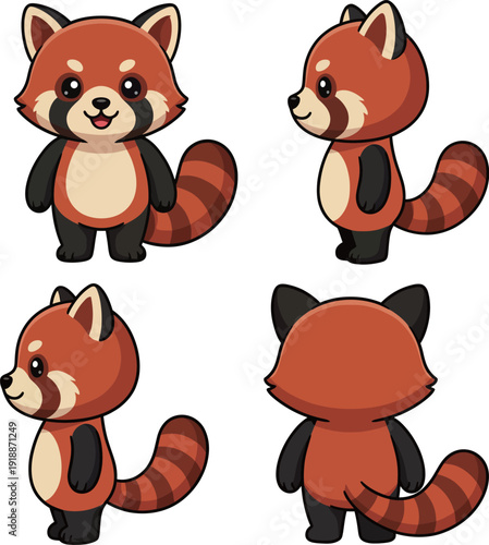 An adorable red panda character shown from multiple angles, perfectly capturing its playful nature and charm, appealing to all ages for various artistic uses.