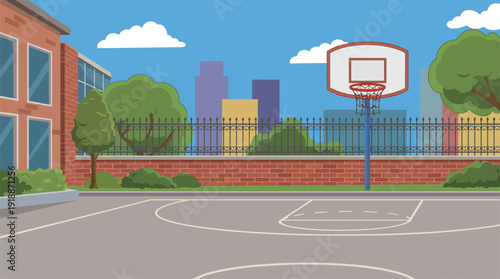 A bright and inviting basketball court located in a school environment, depicted with scenic surroundings and a vibrant urban backdrop, perfect for sports enthusiasts.