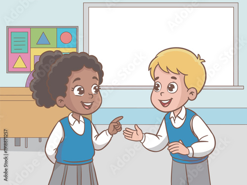 A joyful moment in a classroom showing two diverse children engaged in conversation, highlighting friendship and collaboration in an educational environment.