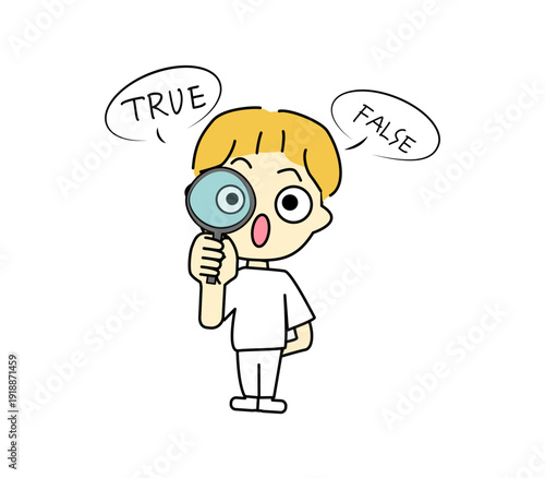 虫眼鏡で情報を確認するファクトチェックの人物イラスト‗男性