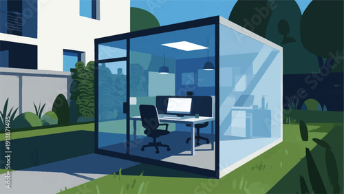 Illustration Of A Professional Working In A Transparent Workspace Located In The Yard Of The House, Inside You Can See A Complete Modern Office Desk Setup Vector Design Template