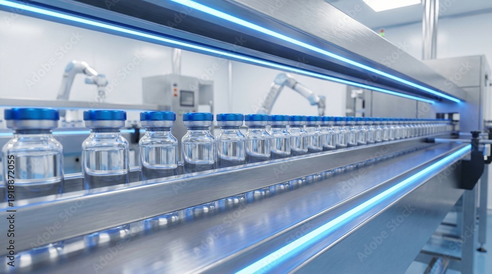 Obraz premium Pharmaceutical production line with robotic arms and automated assembly of medicine vials