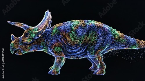 Spectacular colorful point cloud rendering of a triceratops dinosaur on black background demonstrating the beauty of digital technology