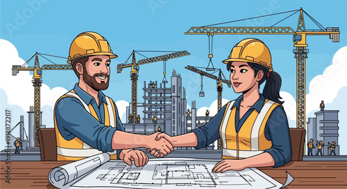 Two construction workers, a man and a woman, shaking hands over blueprints with a busy construction site and cranes in the background, symbolizing partnership and agreement.