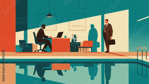 Illustration Of A Professional Working By A Reflective Pool, On The Surface Of The Water Is Seen His Reflection While In A Formal Office Vector Design Template