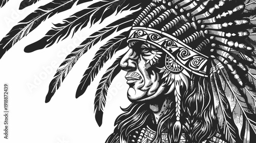 Detailed illustration of a native american chief in profile wearing feathered headdress