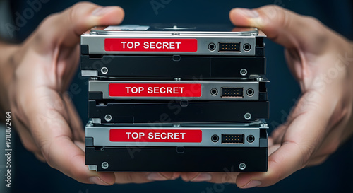 Hands hold stack of top secret hard drives for secure data storage and handling