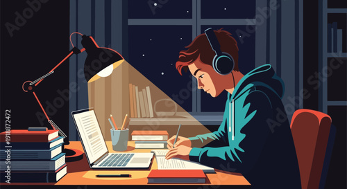 A dedicated young student wearing headphones studies diligently at a desk late into the night, illuminated by a warm desk lamp, surrounded by books and a laptop, highlighting focused learning and acad