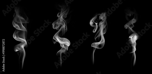 Schilderij op canvas White smoke collection isolated on black background, abstract vapor texture set with flowing mist shapes, realistic steam element for overlay design, atmospheric effect, creative background concept