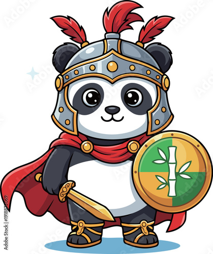 A fierce panda dressed as a warrior, complete with a helmet, sword, and shield, embodies bravery and courage in an adorable cartoon style, making it a fun representation of heroism.